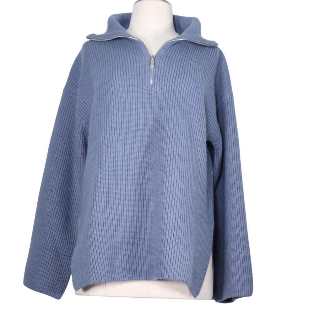 H&M Women Small Pigeon Blue Half Zip Rib Knit Sweater Wool Blend Relaxed Fit NWT - Picture 7 of 15